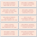 10 Individual Guest Name Address Party Wedding<br><div class="desc">10 Individual Guest Name Address Party Wedding White Script Stickers features 10 stickers with your individual guest name and address on each sticker in red script typography on an soft orange background. Perfect for wedding invitations, Christmas and Holiday cards, party invitations, thank you cards and office mail outs. Simply edit...</div>