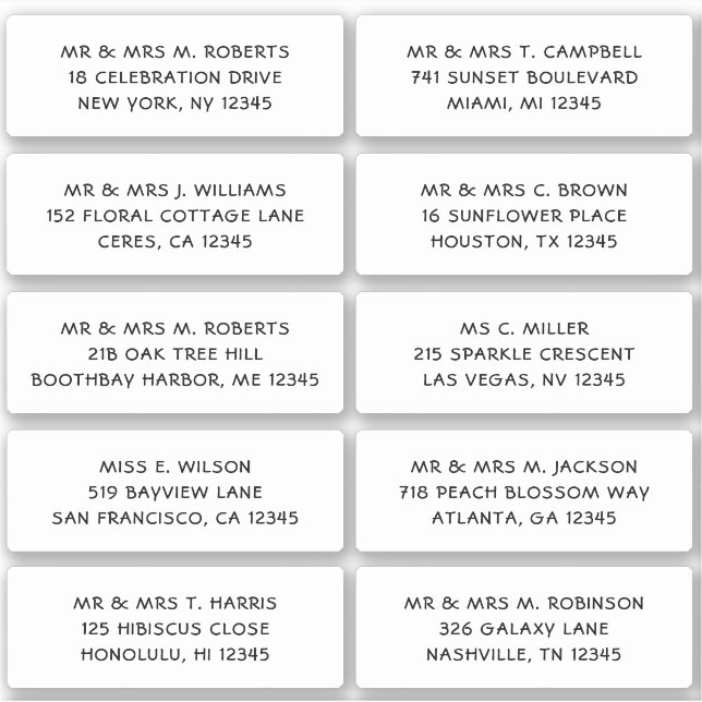 10 Individual Guest Name Address Party Wedding (Front)