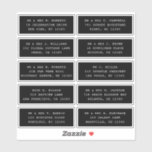 10 Individual Guest Name Address Party Wedding Sti<br><div class="desc">10 Individual Guest Name Address Party Wedding Black Script Stickers features 10 stickers with your individual guest name and address on each sticker in white script on a black background. Also perfect for Christmas and Holiday cards, birthday party invitations, wedding invitations, baby showers, bridal showers, thank you cards and office...</div>