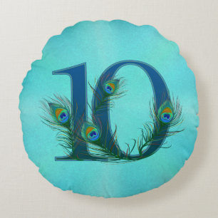 10 Peacock Feather Anniversary Elegant Round Cushion