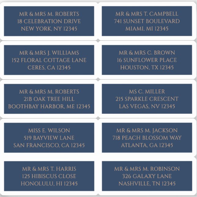 10 Personalised Guest Address Labels Blue Gold (Front)
