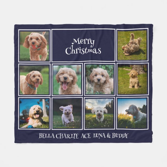 10 Pet Photos Merry Christmas | Navy Blue Fleece Blanket (Front (Horizontal))
