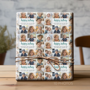 10 Photo Border Birthday Text Center - Teal Gray Wrapping Paper