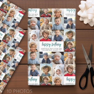 10 Photo Border Birthday Text Centre - Teal Grey Wrapping Paper Sheet