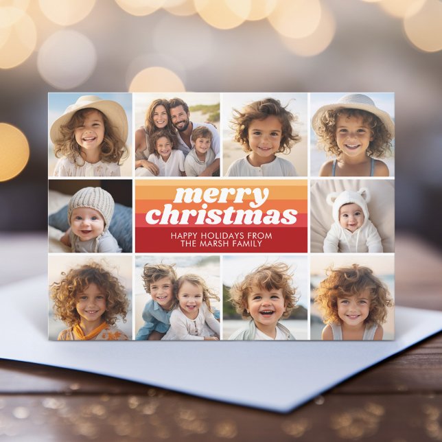 10 Photo Border - Merry Christmas Retro Line Art Holiday Card (Retro Stripe Christmas Card with 10 Photos - Vibrant Sunset Colors - Print and Download Option)