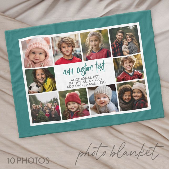 10 Photo Border with Text Centre - Teal  Fleece Blanket (Custom Photo Blanket with Lots of Photos)