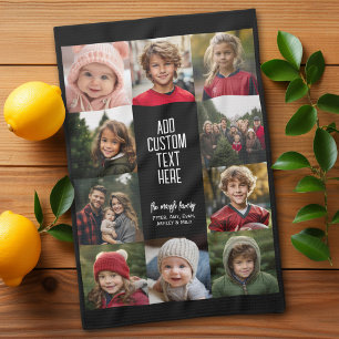 10 Photo Collage Border - Center White Text Blocks Tea Towel