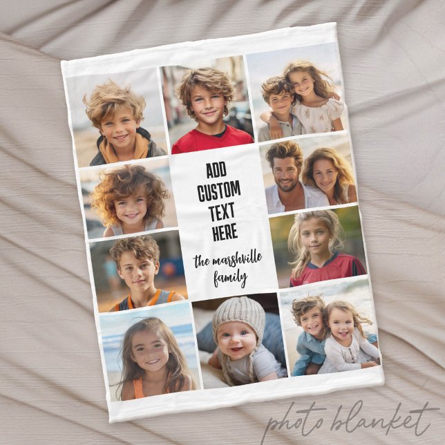 10 Photo Collage Border - Centre Text Blocks Fleece Blanket (Custom Photo Blanket - Makes a Great Gift)