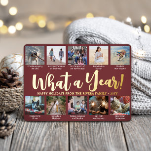 10 Photo Collage Burgundy What a Year! Script Foil Holiday Card