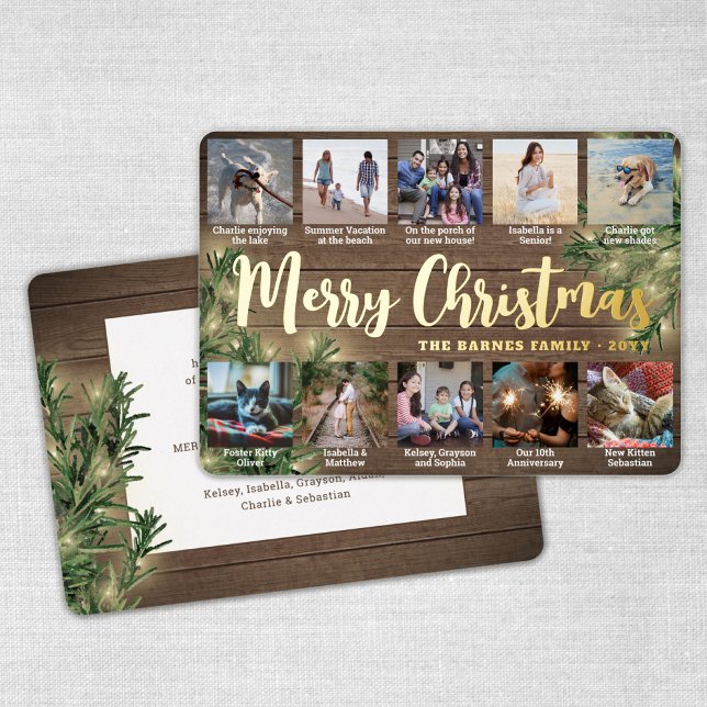 10 Photo Collage Christmas Greenery, Wood & Lights Foil Holiday Card (Creator Uploaded)