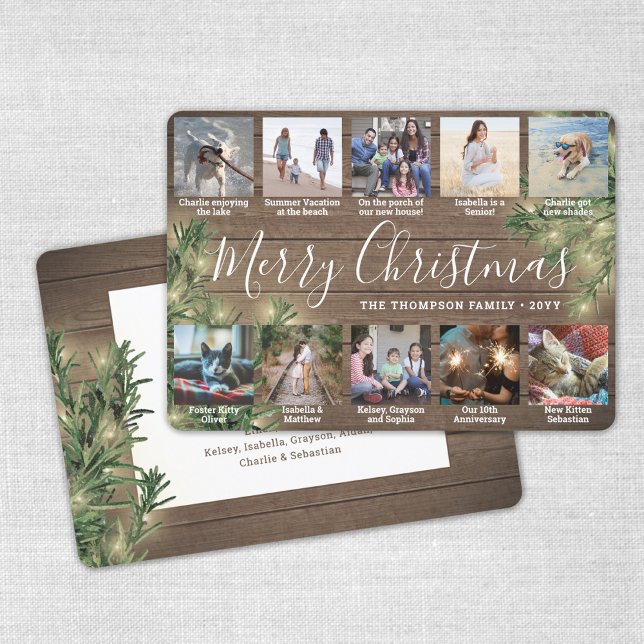 10 Photo Collage Christmas Greenery, Wood & Lights Holiday Card (Creator Uploaded)