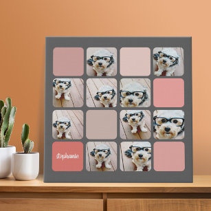 10 Photo Collage - colourful grid with script name Faux Canvas Print