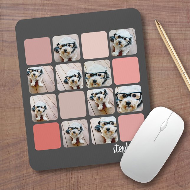 10 Photo Collage Grey Blush Pink Coral Script Name Mouse Mat (Custom Mouse Pad - Add Photos and Text)