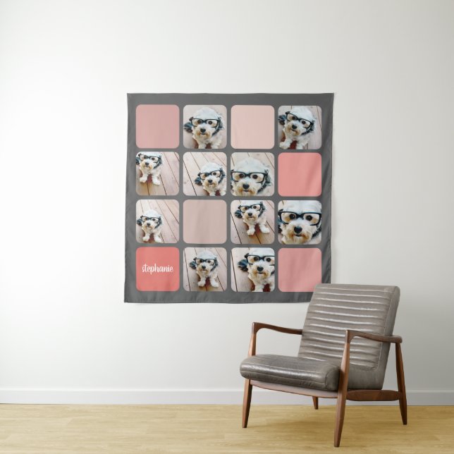 10 Photo Collage Grey Blush Pink Coral Script Name Tapestry (In Situ)