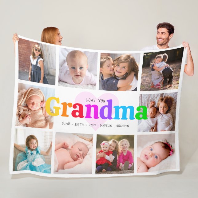 10 Photo Collage Love You Grandma Colourful Modern Fleece Blanket (In Situ)