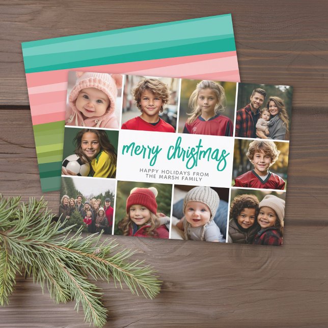 10 Photo Collage - Merry Christmas Colour Blocks Holiday Card (Modern online Christmas Card with 10 Photos and a bounce script for the greeting - download option)