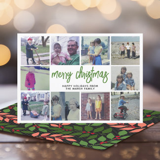 10 Photo Collage - Merry Christmas Coral Botanical Holiday Card