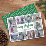 10 Photo Collage - Merry Christmas Green Pattern Holiday Card<br><div class="desc">Use 10 square photos and make a unique and trendy Merry Christmas greeting with a rustic modern script on the front and a simple pattern on the back. If you need to move anything around,  click on the customise button to make changes.</div>