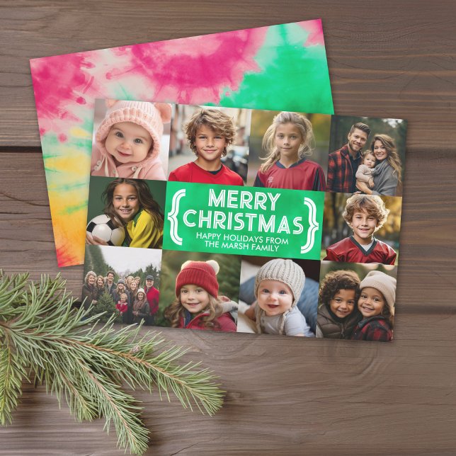 10 Photo Collage - Merry Christmas Mod Tie Die Holiday Card (Modern online Christmas Card with 10 Photos and tie dye accents for the greeting - download option)