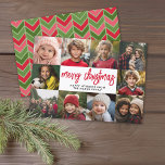 10 Photo Collage - Merry Christmas Red Green Holiday Card<br><div class="desc">Deep green and red herringbone pattern -- Use 10 square photos and make a unique and trendy Merry Christmas greeting with a rustic modern script on the front and a festive geometric pattern on the back. If you need to move anything around, click on the customise button to make changes....</div>