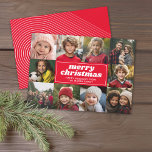 10 Photo Collage - Merry Christmas Red Line Art Holiday Card<br><div class="desc">A red background with a border of photos. -- Use 10 square photos and make a unique and trendy Merry Christmas greeting with a retro script font on the front and a line art arch pattern on the back. If you need to move anything around, click on the customise button...</div>