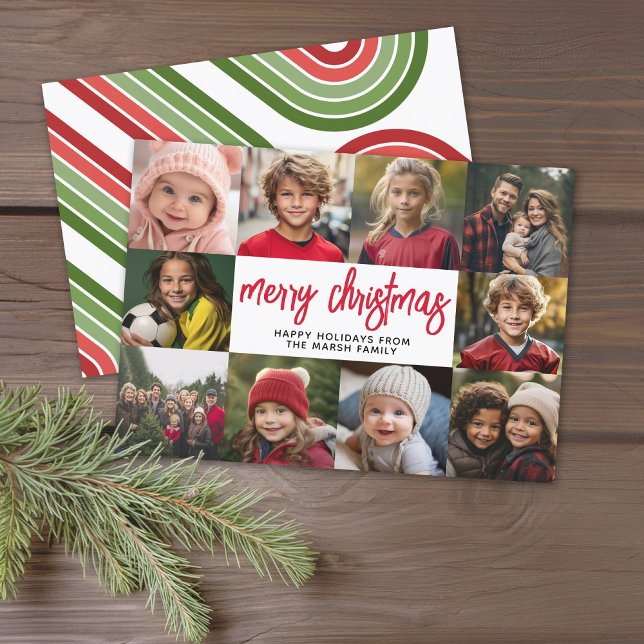 10 Photo Collage - Merry Christmas Retro Stripes Holiday Card (Modern online Christmas Card with 10 Photos and a bounce script for the greeting - download option)