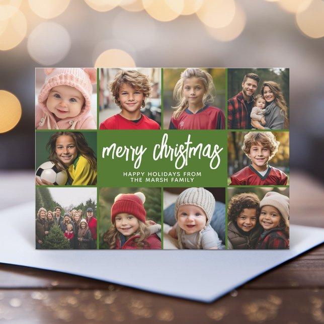 10 Photo Collage - Merry Christmas Retro Stripes Holiday Card (10 Photo Christmas Card with Green Retro Stripe Pattern - Print and Download Options)
