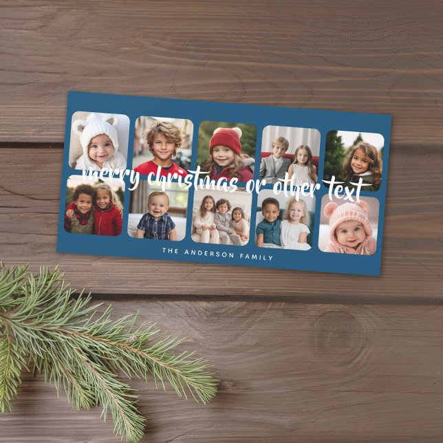 10 Photo Collage Minimal Merry Christmas blue Holiday Card (Add 10 photos to this online Christmas Card. Minimal and simple to use the template.)