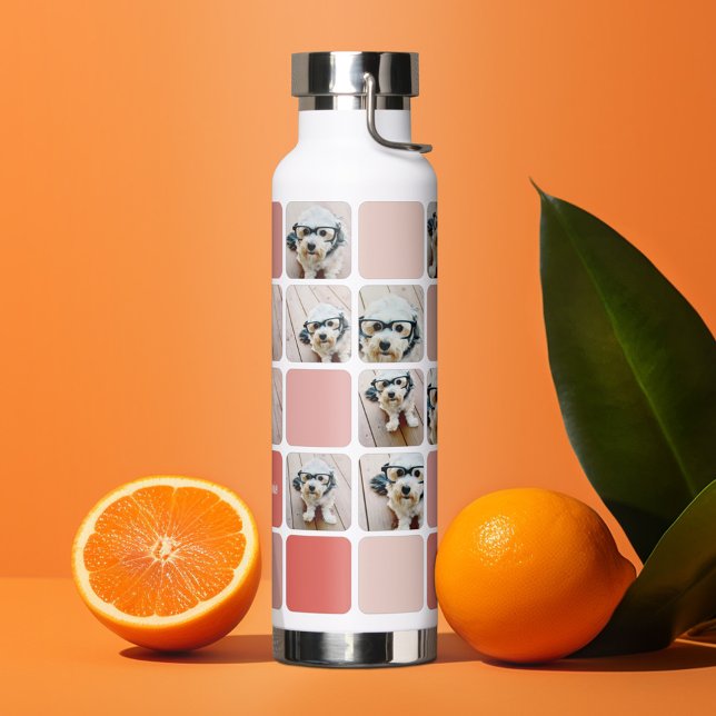 10 photo collage modern cube - coral pink blush water bottle (Personalized water bottle - custom photo collage)