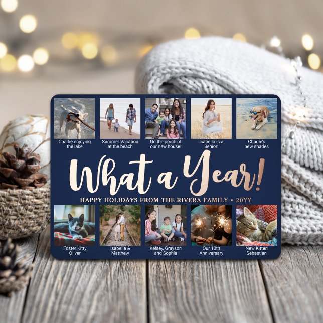 10 Photo Collage Navy Blue What a Year! Script Foil Holiday Card (Creator Uploaded)