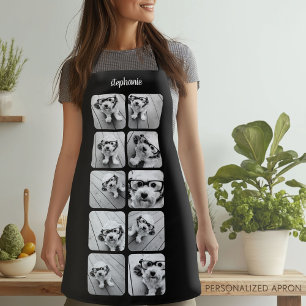 10 Photo Collage Stacked - black white script name Apron