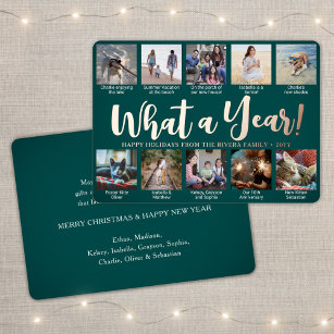 10 Photo Collage Teal What a Year! Trendy Script Foil Holiday Card