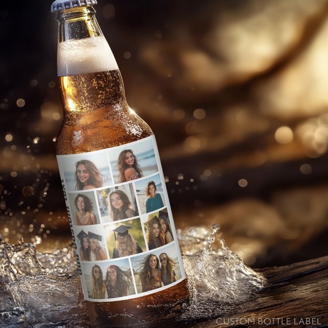 10 Photo Collage - white background black text Beer Bottle Label (Custom Photo Collage on a Food and Beverage Label)