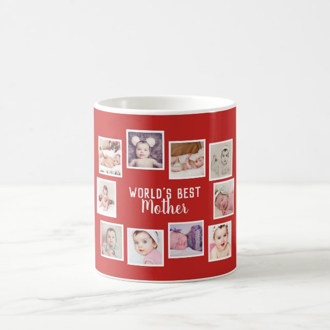 10 Photo Collage With Personalised Text Red Coffee Mug (Center)