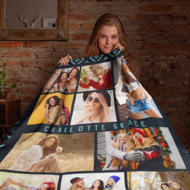 10 Photo Modern Geometric Stylish Name Fleece Blanket (Creator Uploaded)
