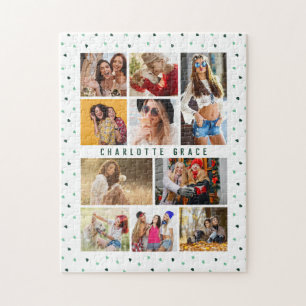 10 Photo Modern Green Romantic Love Heats Name Jigsaw Puzzle