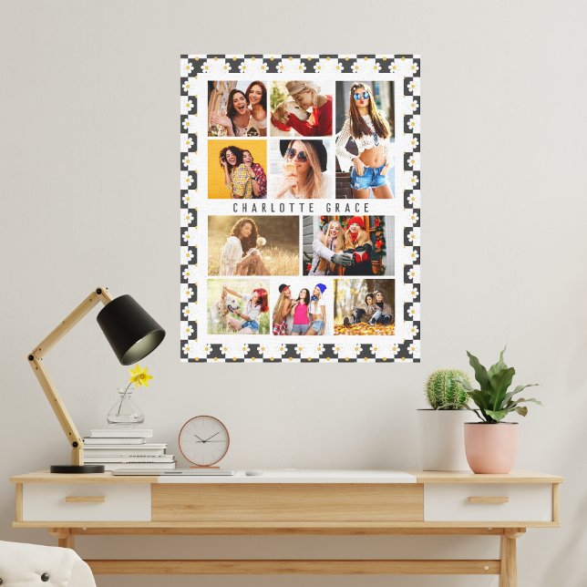 10 Photo Modern Groovy Daisy Flower Stylish Name Canvas Print (Creator Uploaded)