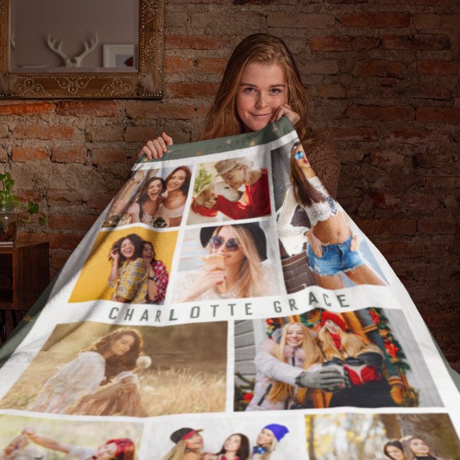 10 Photo Modern Stars Stylish Green Name Fleece Blanket (Creator Uploaded)