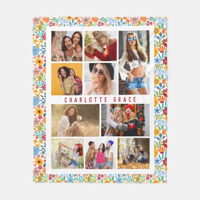 10 Photo Modern Trendy Floral Stylish Name Fleece Blanket (Front)