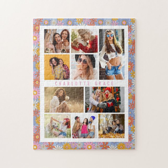 10 Photo Modern Trendy Hippie Floral Stylish Name Jigsaw Puzzle (Vertical)