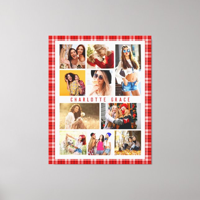 10 Photo Modern Trendy Red Plaid Stylish Name Canvas Print (Front)