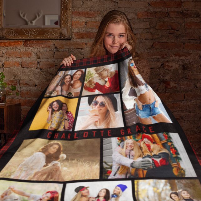 10 Photo Modern Trendy Red Plaid Stylish Name Fleece Blanket (Creator Uploaded)