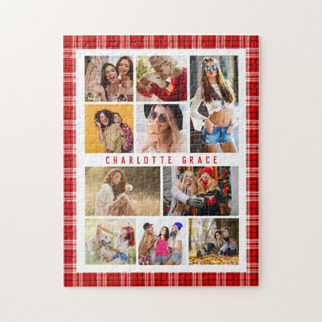 10 Photo Modern Trendy Red Plaid Stylish Name Jigsaw Puzzle (Vertical)