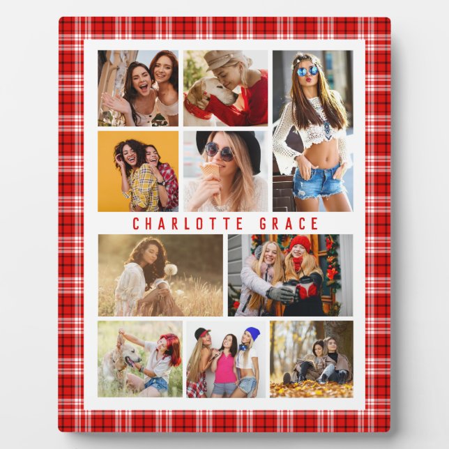 10 Photo Modern Trendy Red Plaid Stylish Name Plaque (Front)