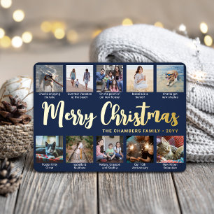 10 Photo Navy Blue Merry Christmas Modern Collage Foil Holiday Card