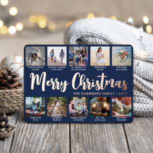 10 Photo Navy Blue Merry Christmas Modern Script Foil Holiday Card