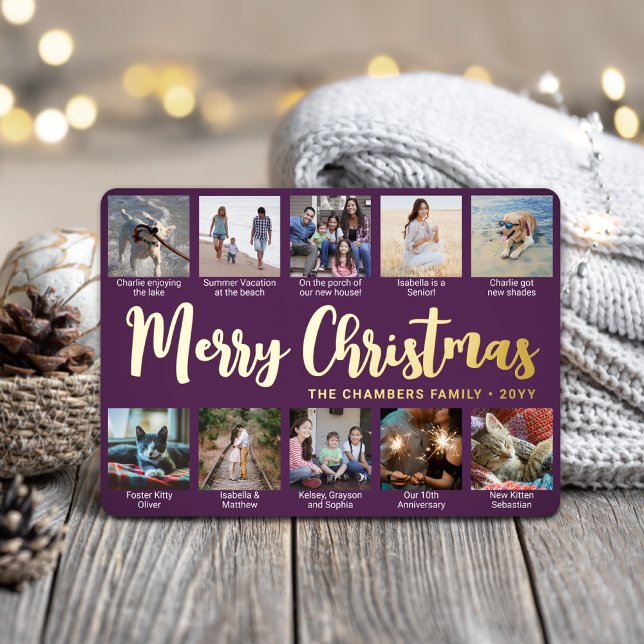 10 Photo Purple Merry Christmas Modern Collage Foil Holiday Card (Creator Uploaded)