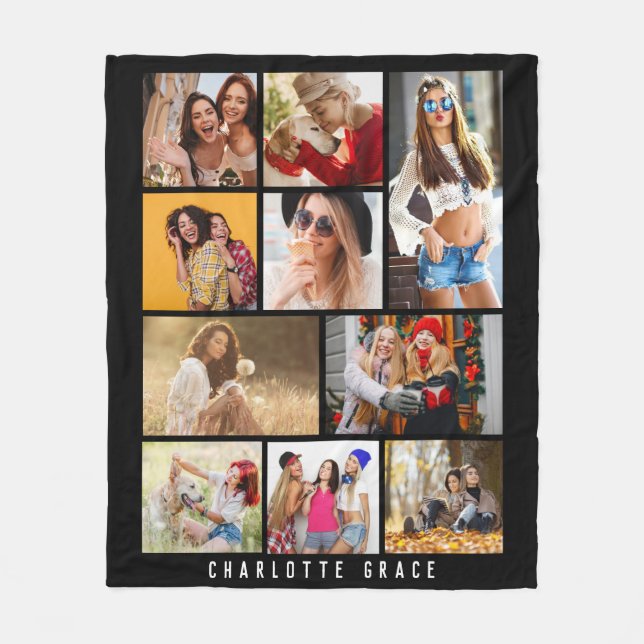 10 Photo Simple Modern Minimal Black Stylish Name Fleece Blanket (Front)