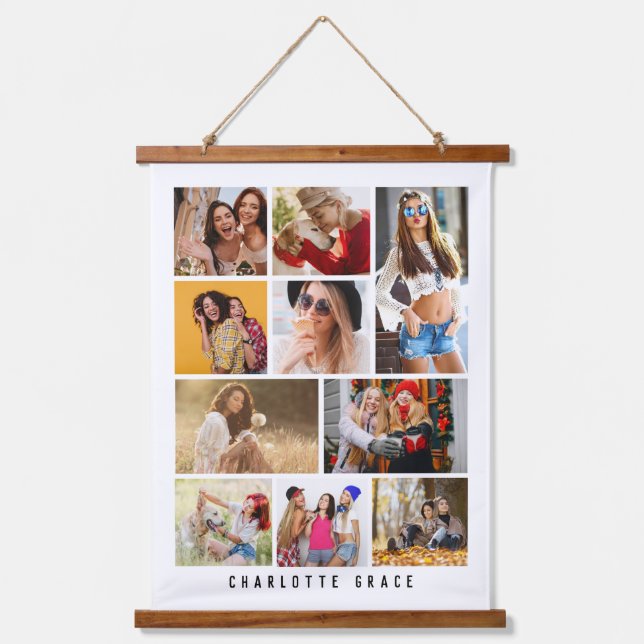 10 Photo Simple Modern Minimal Black Stylish Name Hanging Tapestry (Front)