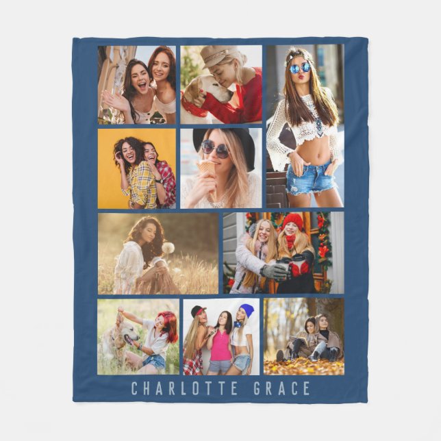 10 Photo Simple Modern Minimal Blue Stylish Name Fleece Blanket (Front)